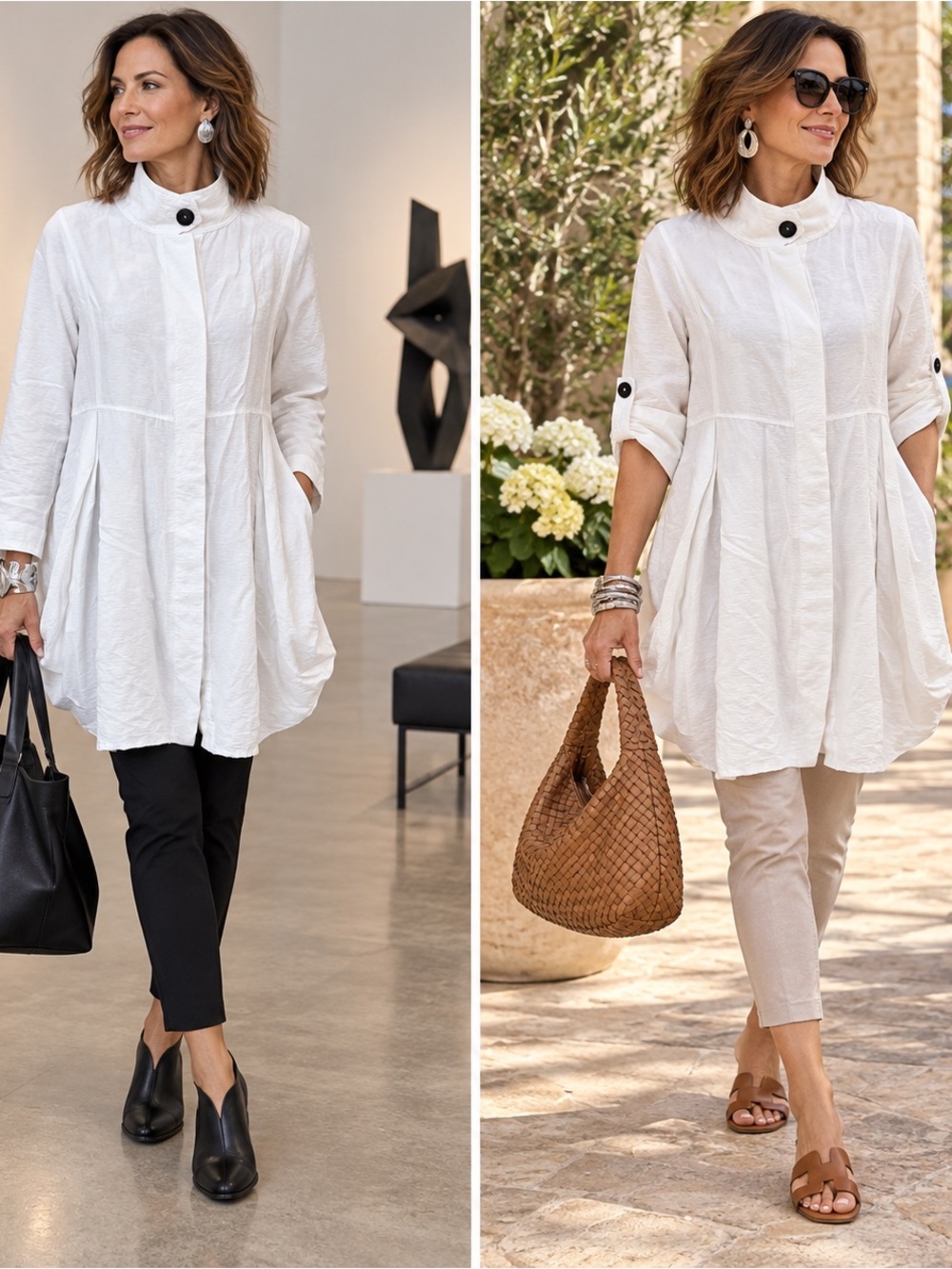 IC Collection White Architectural Lagenlook Tunic Top Large Made USA